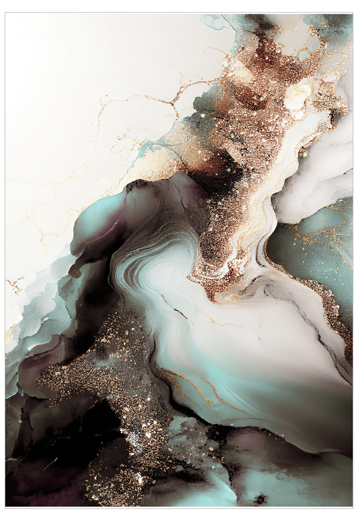 Abstract art with swirling patterns in brown, white, and blue on a white background