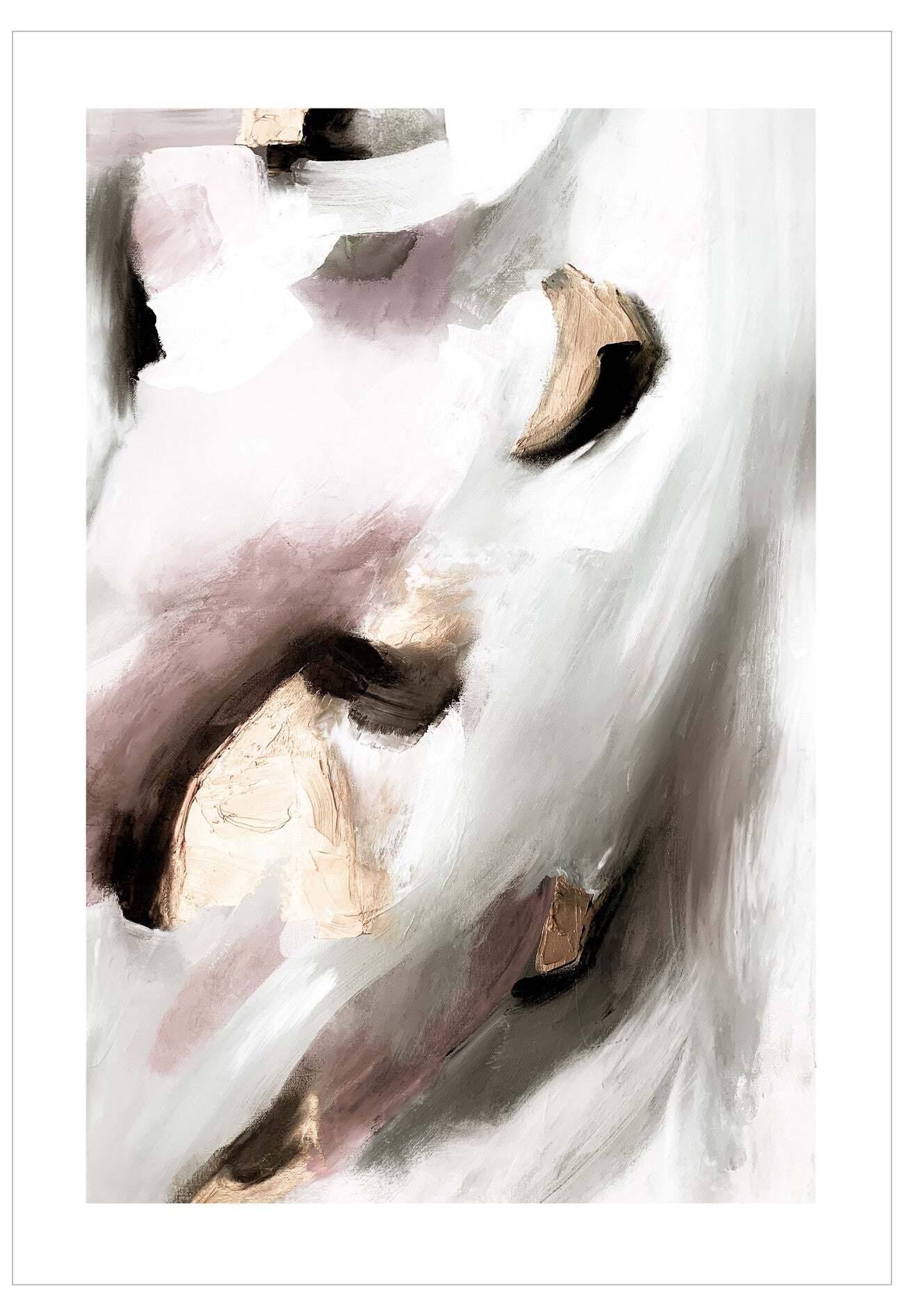 Abstract art piece with white, black, and gold colors on a white background