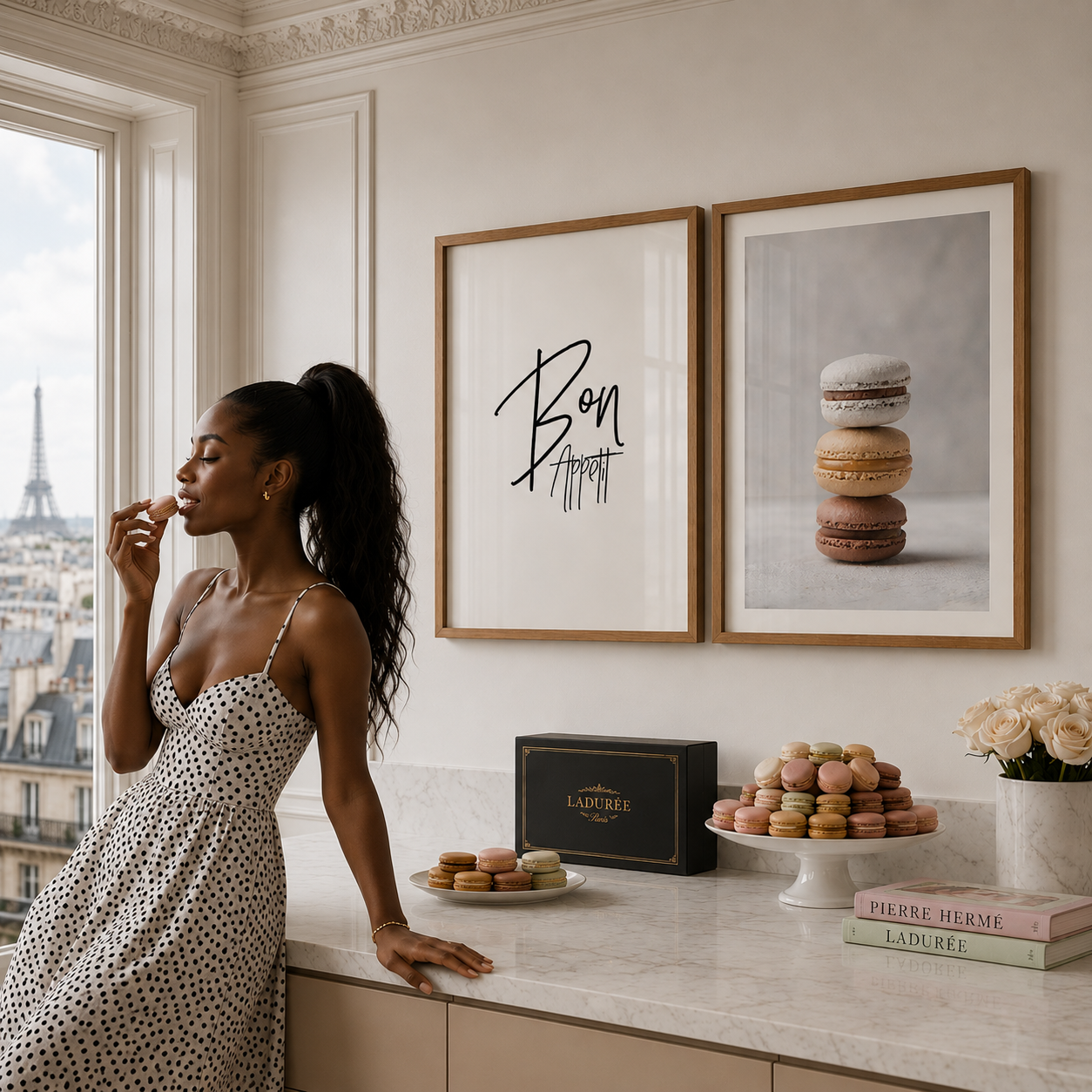 Woman in a polka dot dress standing in a stylish room with framed artwork and pastries.