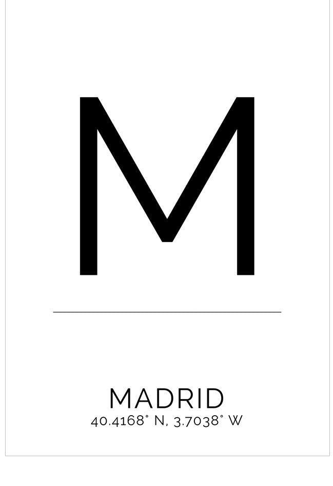 Black letter 'M' on a white background with coordinates below.