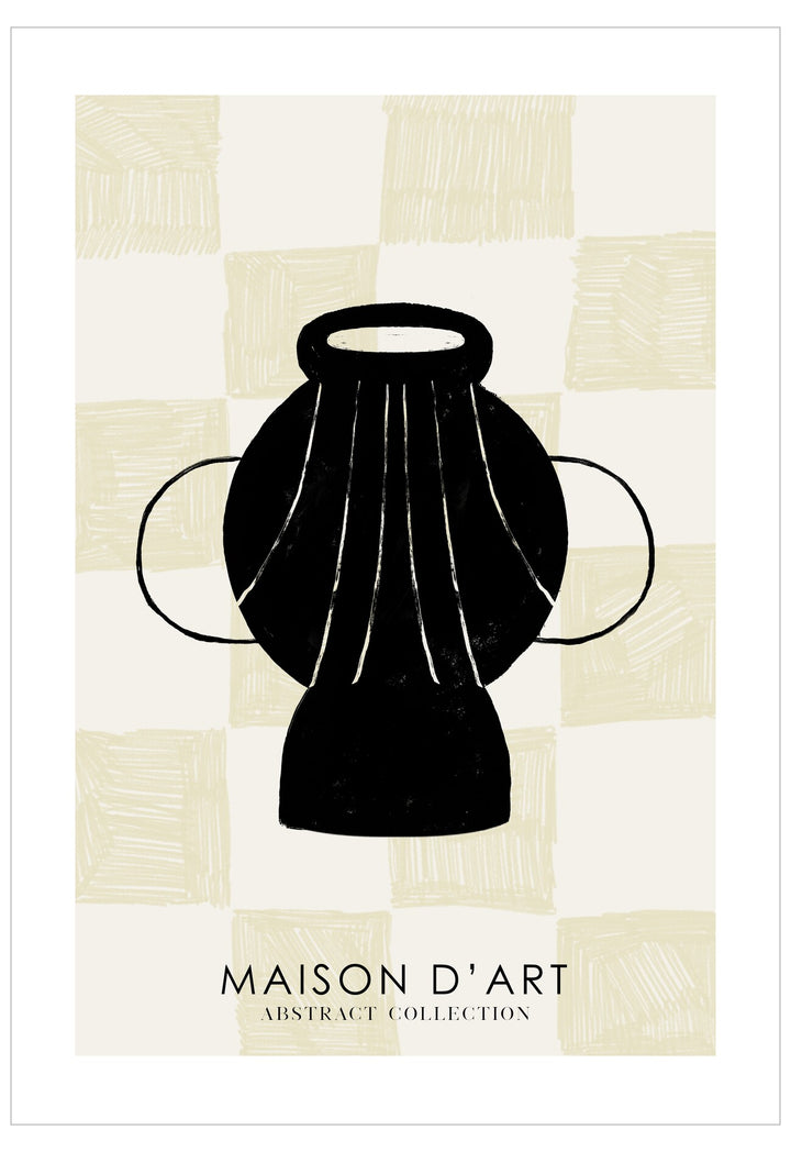Black abstract vase design on a checkered background with 'Maison d'Art' branding.