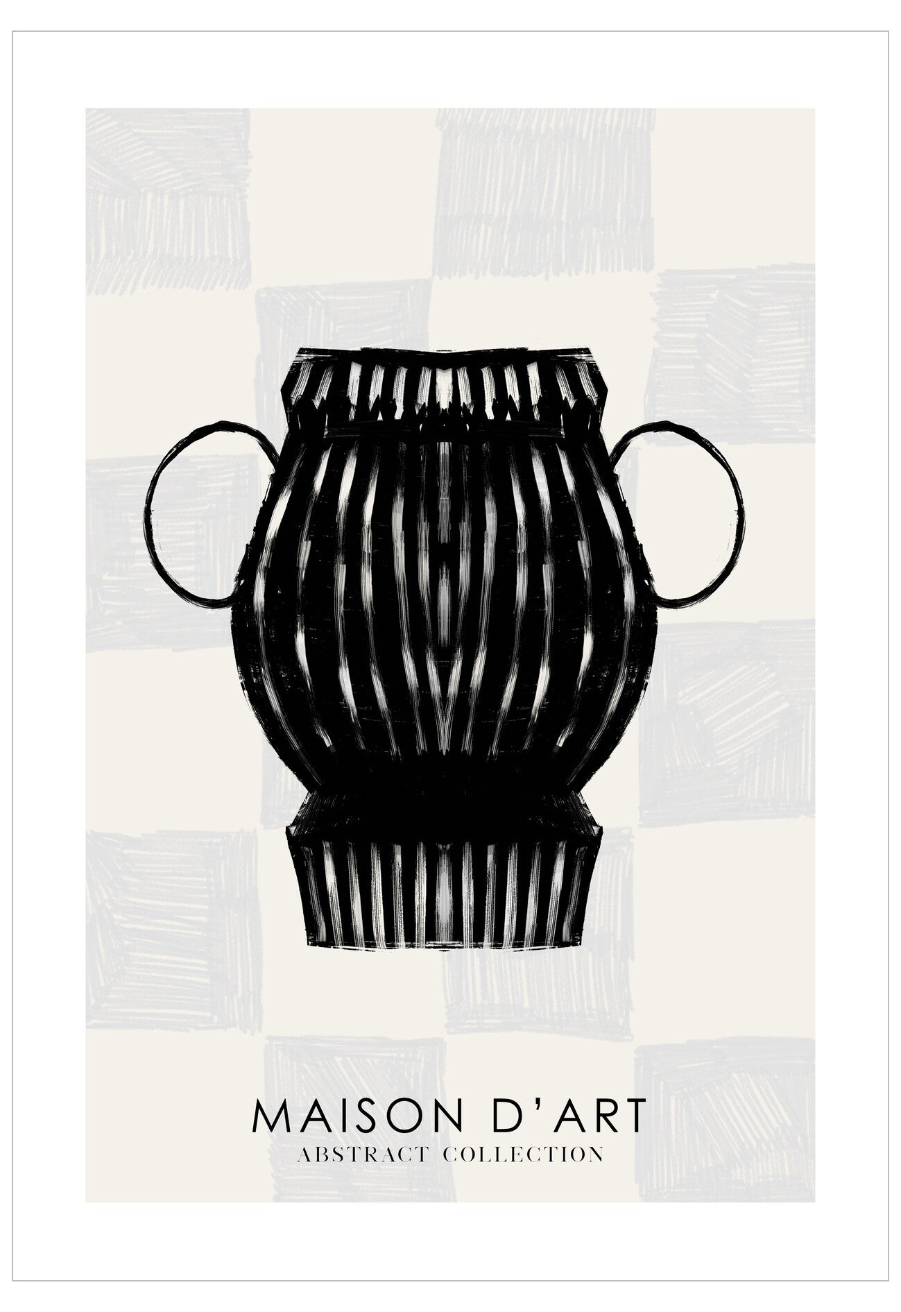 Black vase with handles on a checkered background, featuring 'Maison d'Art' branding.