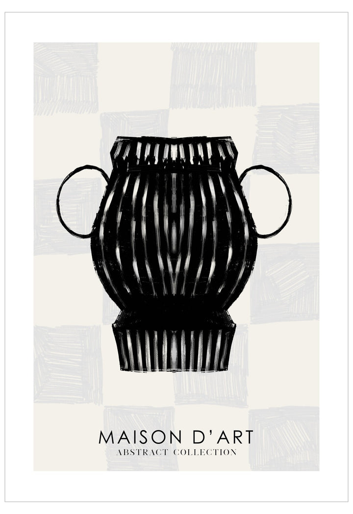 Black vase with handles on a checkered background, featuring 'Maison d'Art' branding.