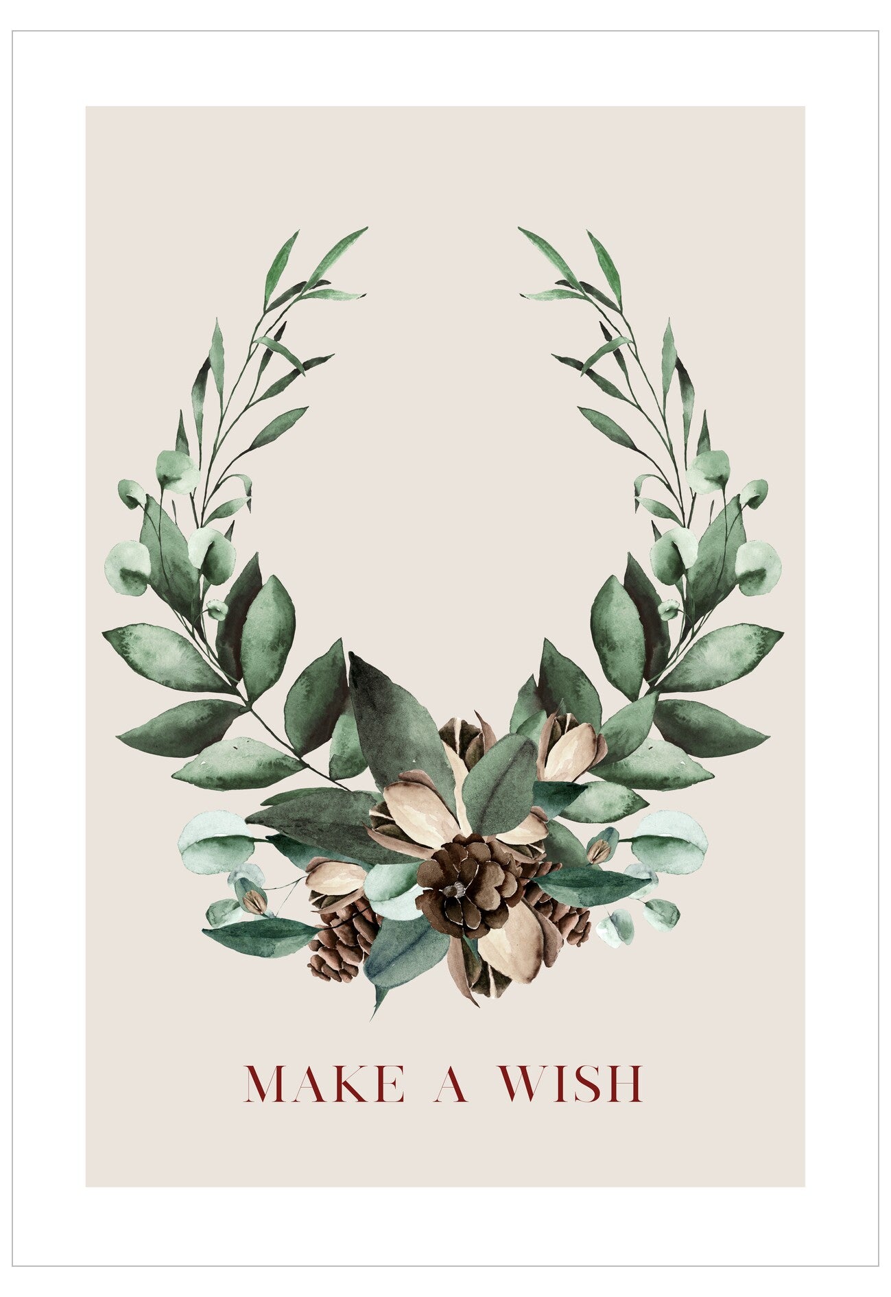 Decorative poster with green leafy design and pinecones, featuring the text 'MAKE A WISH' on a beige background.