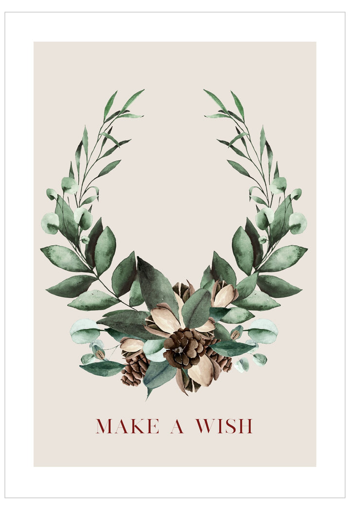 Decorative poster with green leafy design and pinecones, featuring the text 'MAKE A WISH' on a beige background.