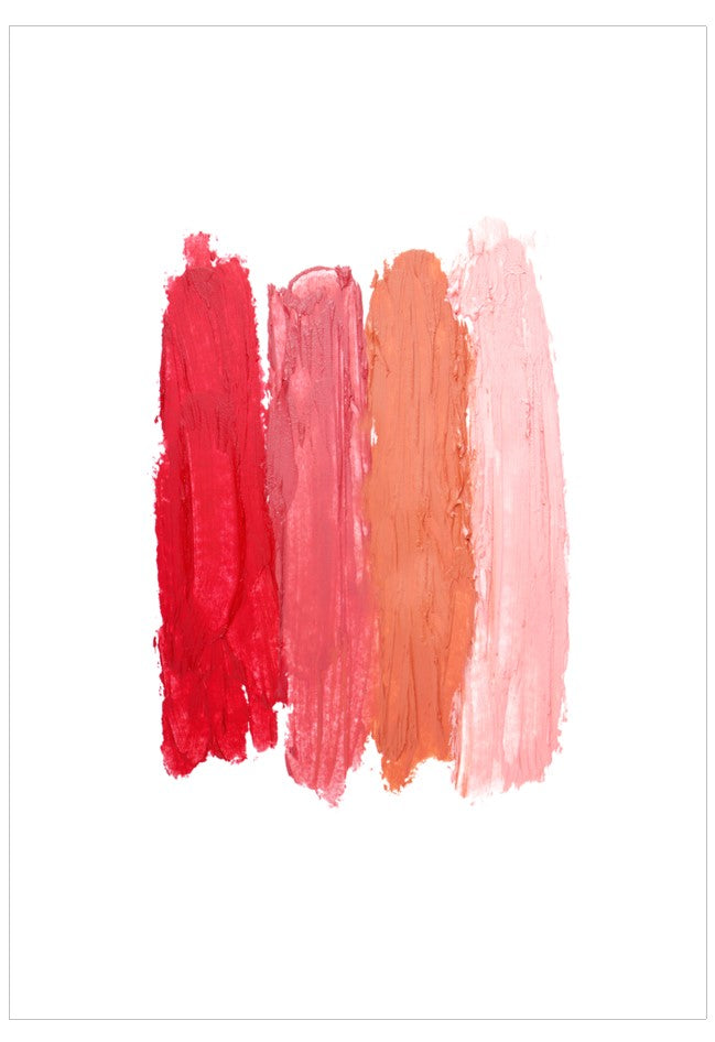 Four lipstick swatches in red, pink, orange, and peach on a white background