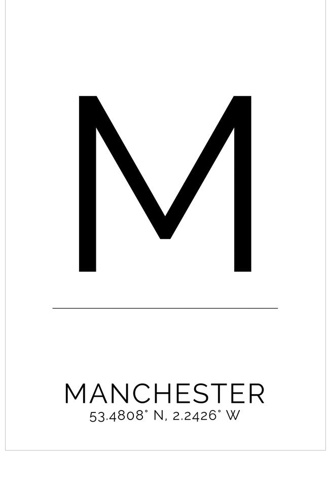 Black letter 'M' and text 'Manchester' with coordinates on a white background