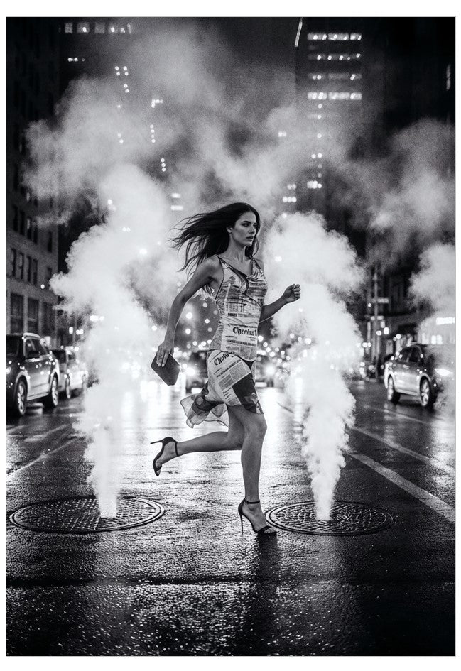 Woman running on a city street with smoke effects