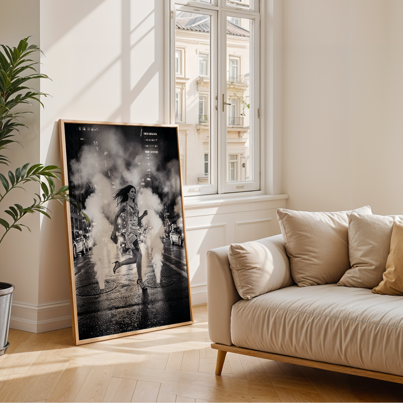 Modern living room with a beige sofa, plant, and framed artwork.