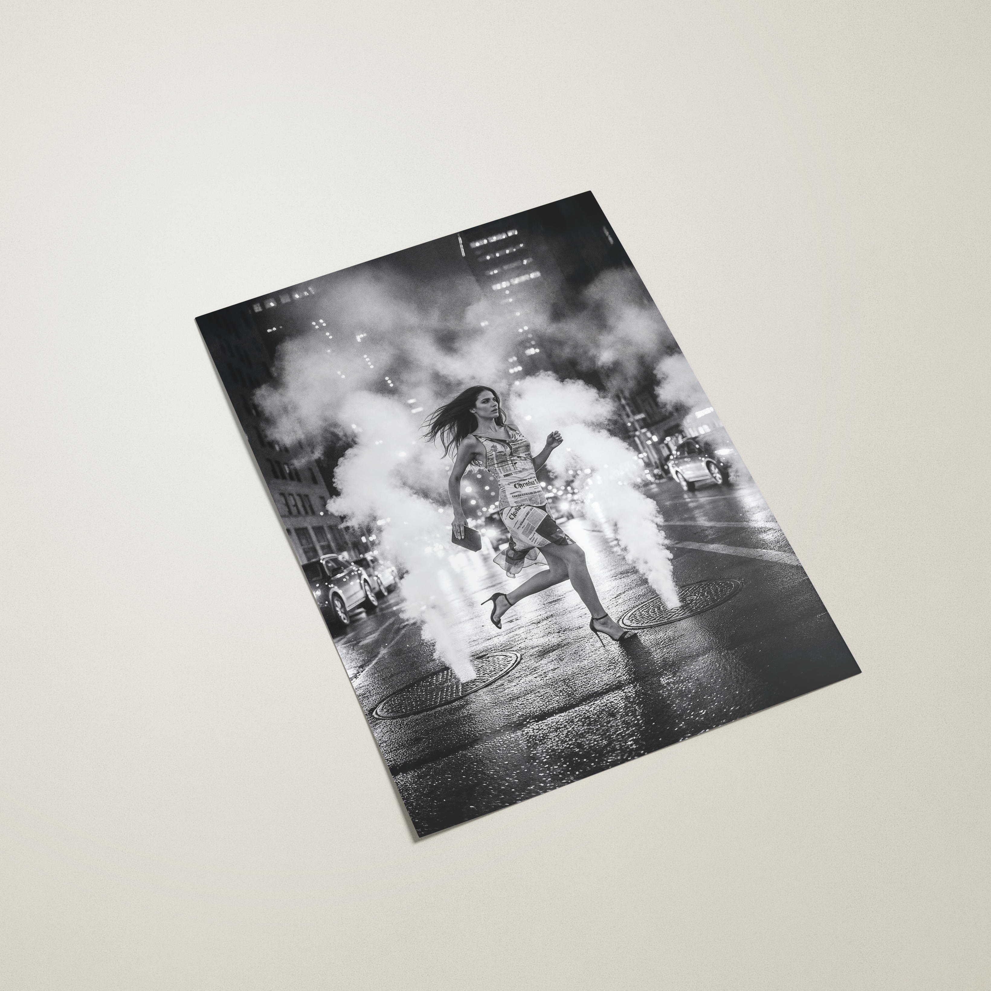 Black and white poster of a building with smoke on a light gray background