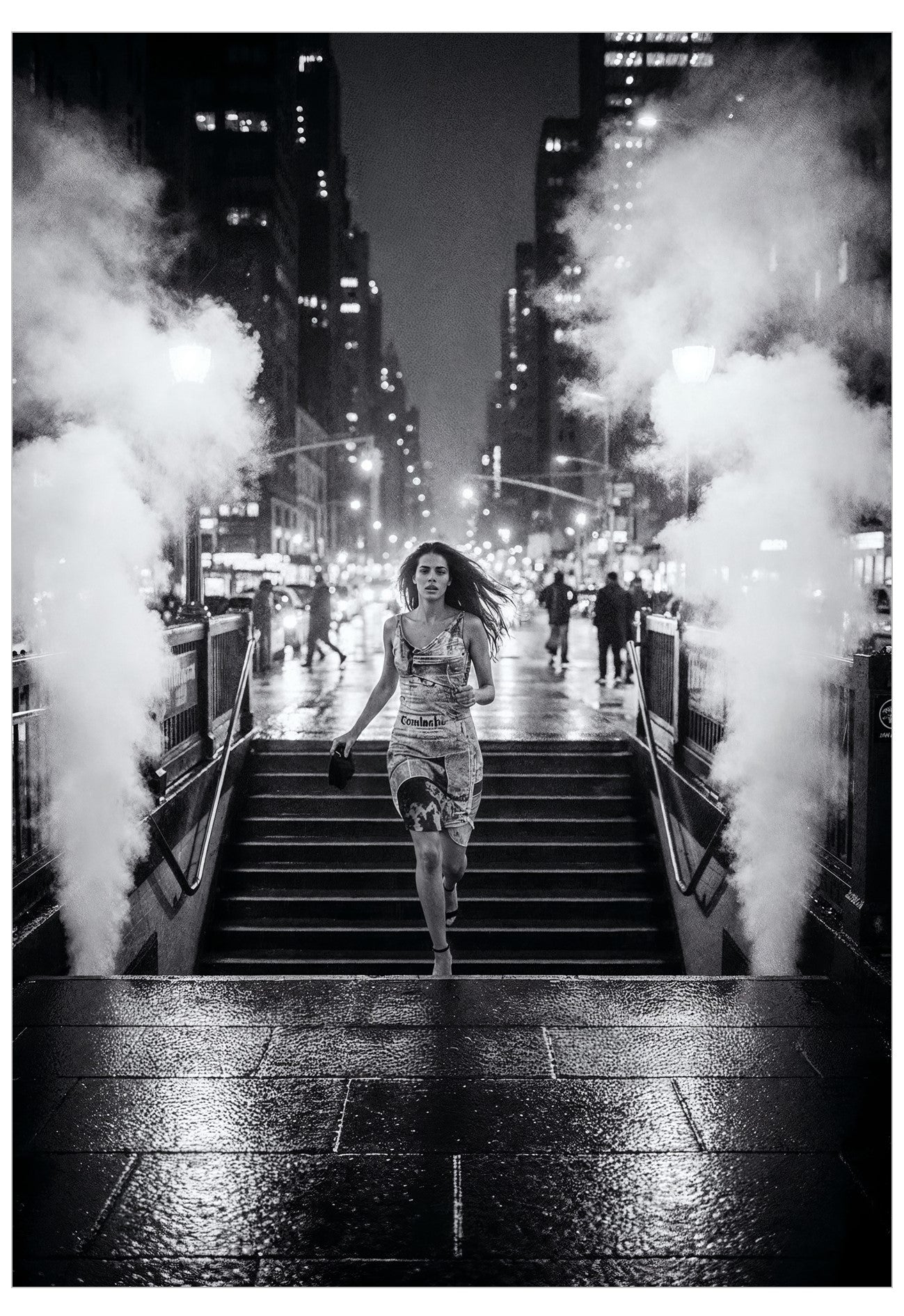 Woman running up a set of stairs in a city street with steam vents on either side.