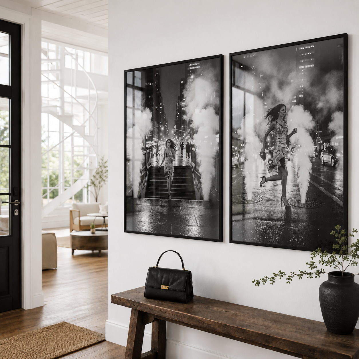 Two black and white framed artworks on a wall in a modern interior setting.