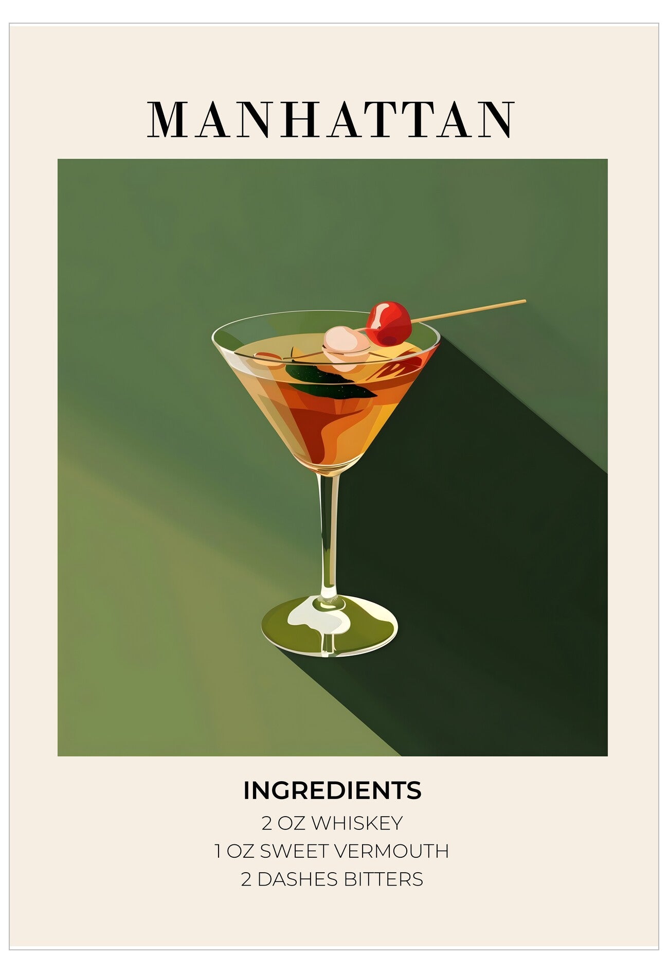 Manhattan cocktail in a martini glass with cherry and olive on a green background