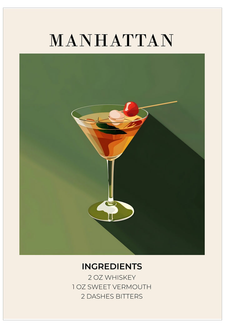 Manhattan cocktail in a martini glass with cherry and olive on a green background