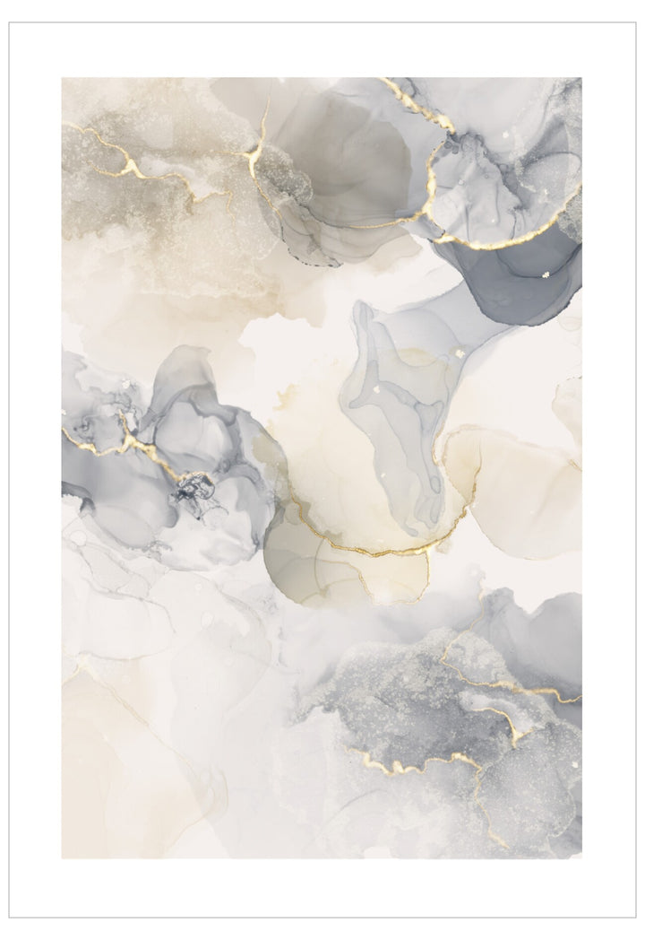 Abstract art print with gray, beige, and gold marbled pattern