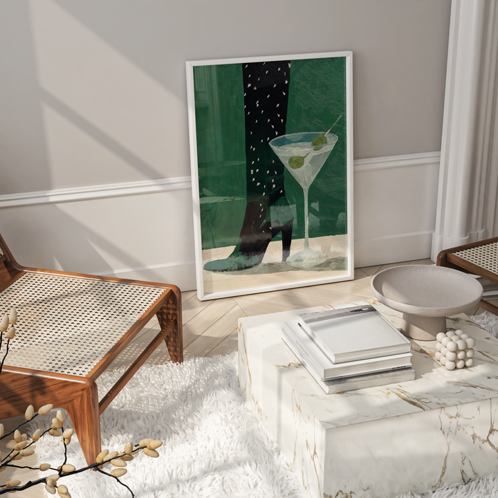 Modern living room with a wooden chair, marble coffee table, and framed artwork.