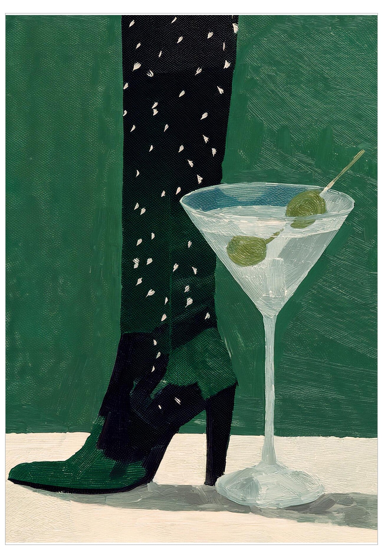 Black high-heeled shoes with green soles next to a martini glass with olives on a green background