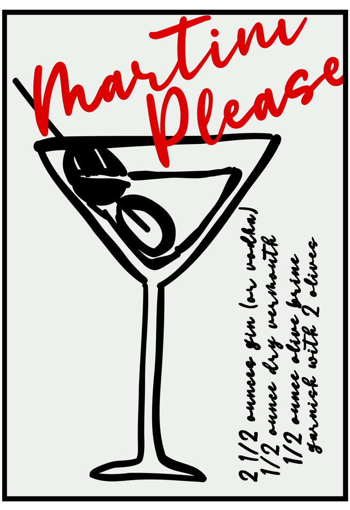 Illustration of a martini glass with olives and text 'Martini Please' on a white background.