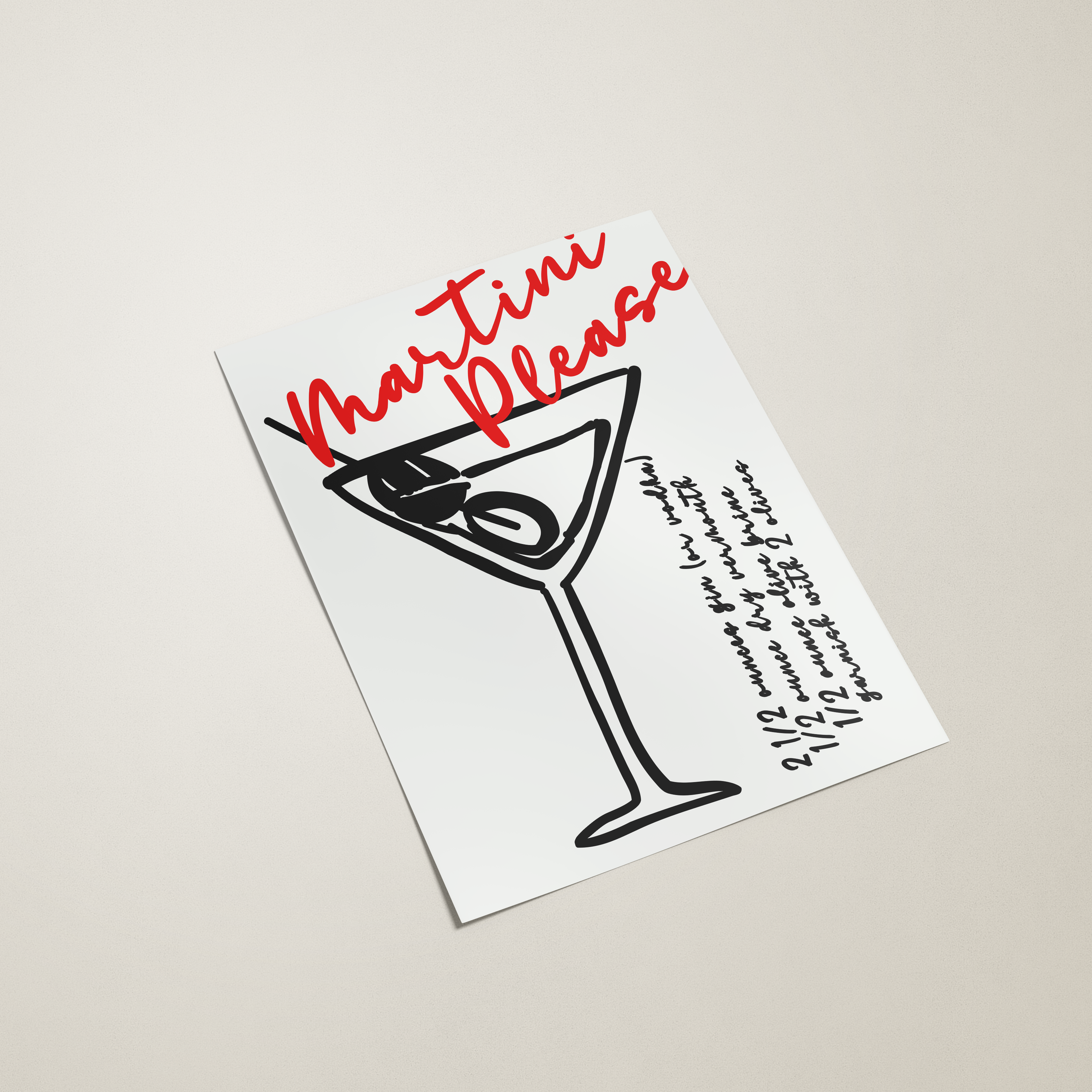 poster with a martini glass illustration and 'Martini Please' text on a beige background