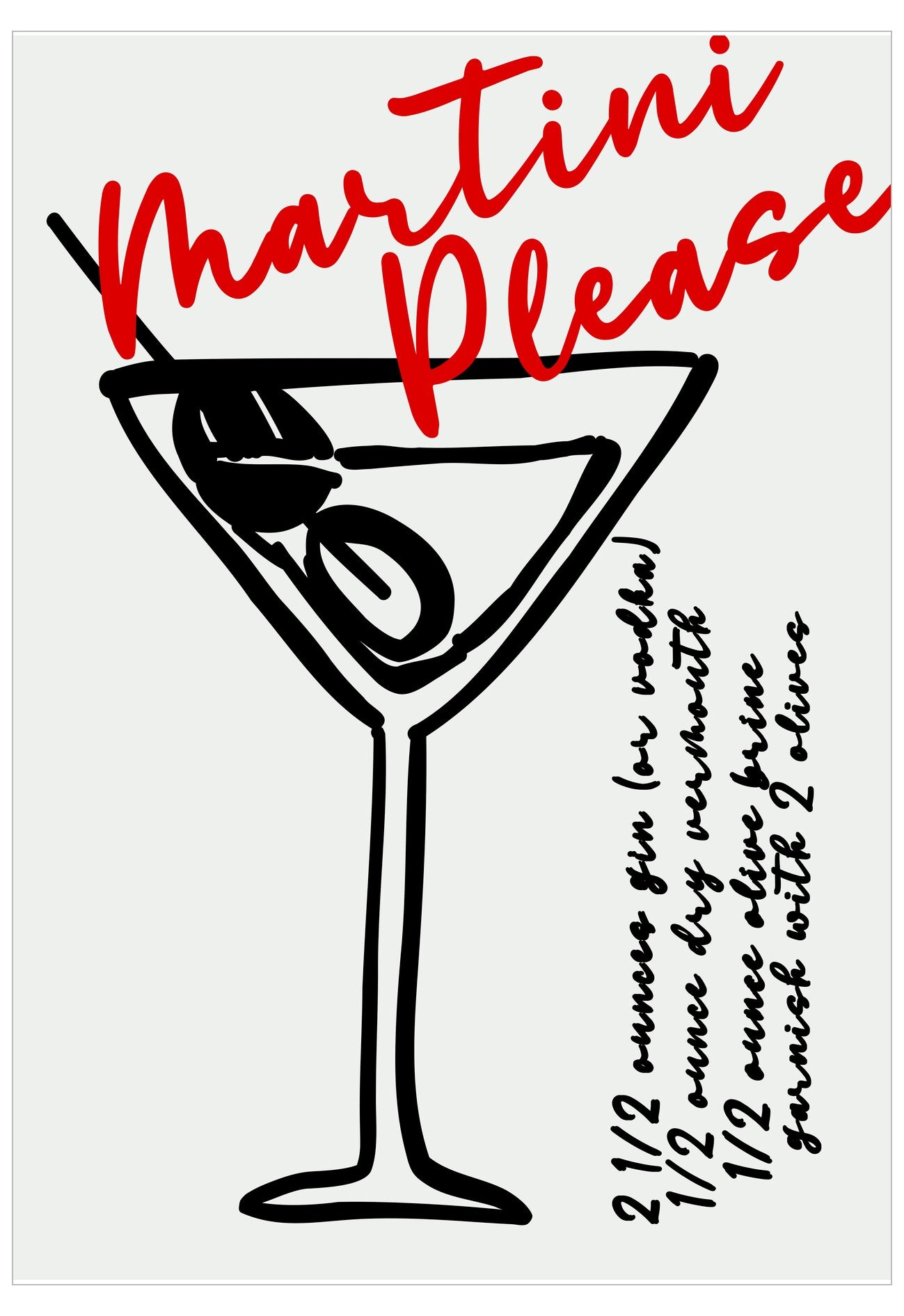 Illustration of a martini glass with olives and a cocktail recipe on a white background.
