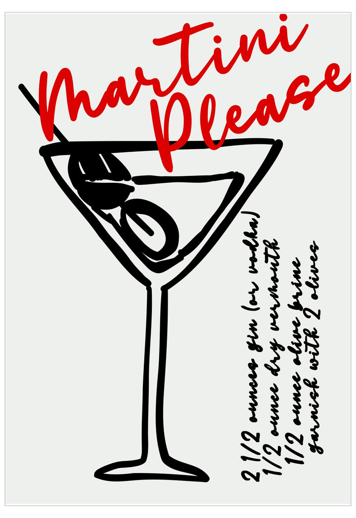 Illustration of a martini glass with olives and a cocktail recipe on a white background.