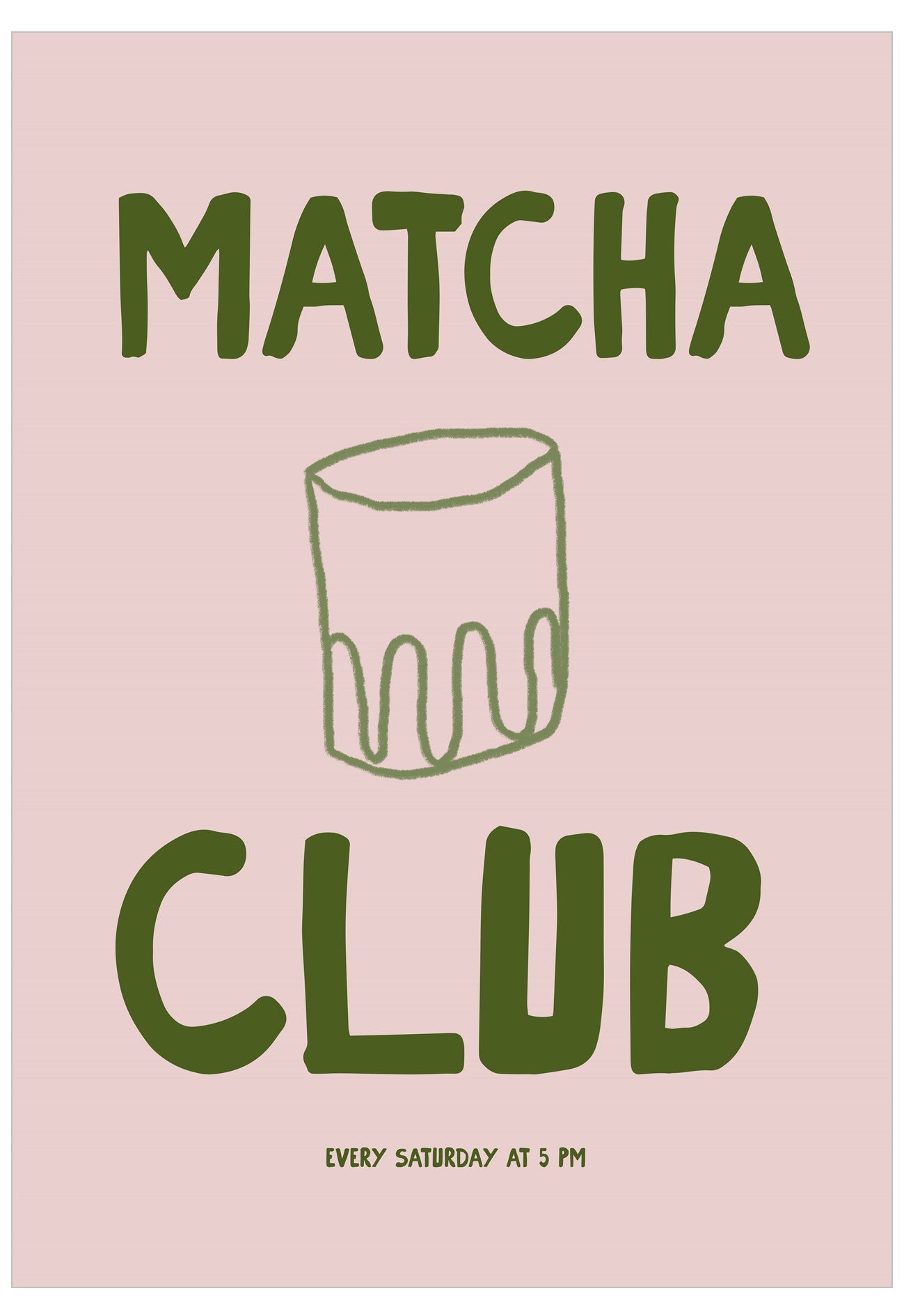 Matcha Club poster with a green cup illustration on a pink background
