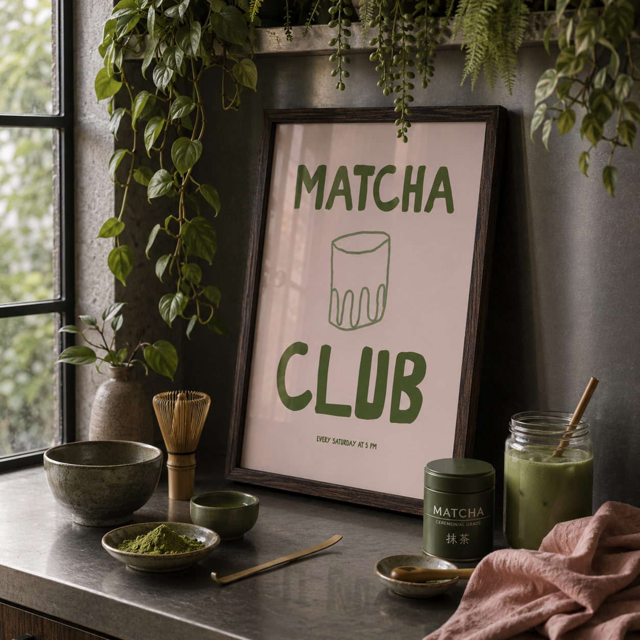 Matcha-themed setup with a 'Matcha Club' poster, matcha powder, and green smoothie on a wooden surface.