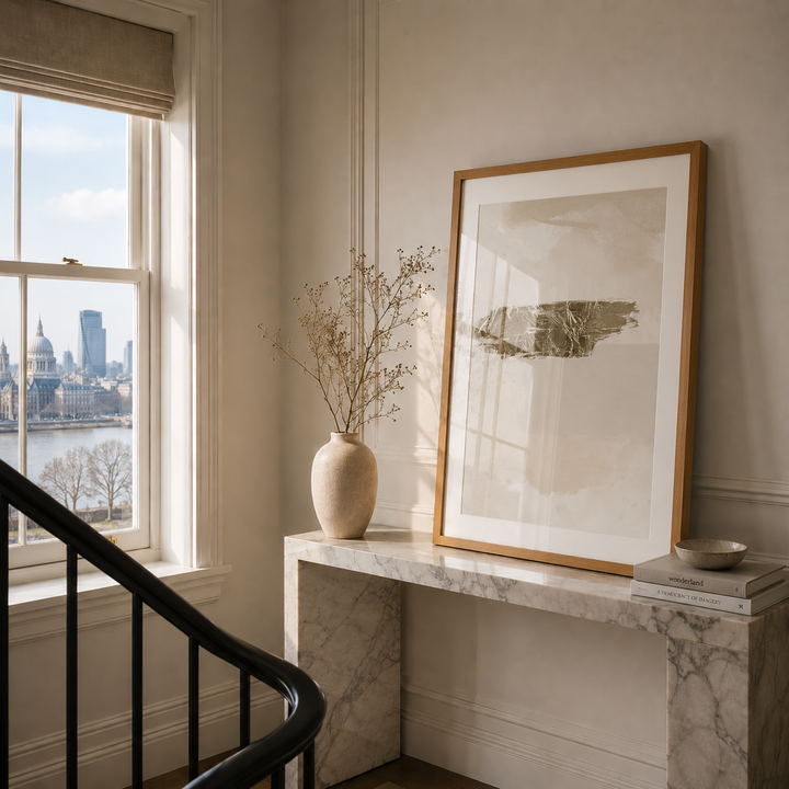Framed artwork on a marble console table with a cityscape view through a window.