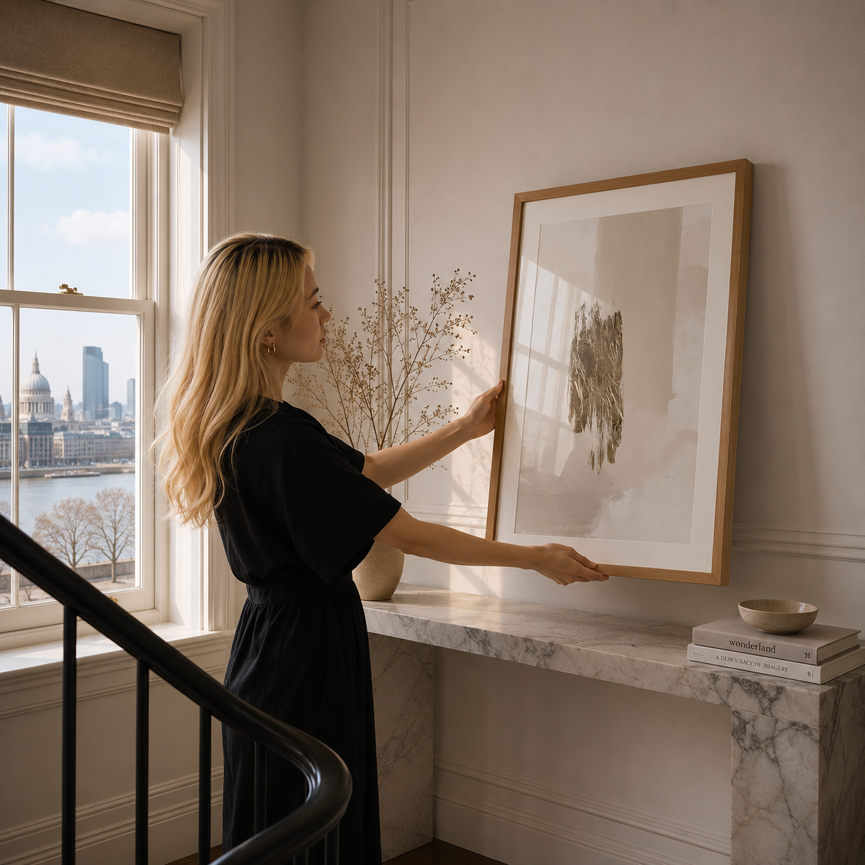 Woman adjusting a framed picture on a marble ledge with a cityscape view through a window.
