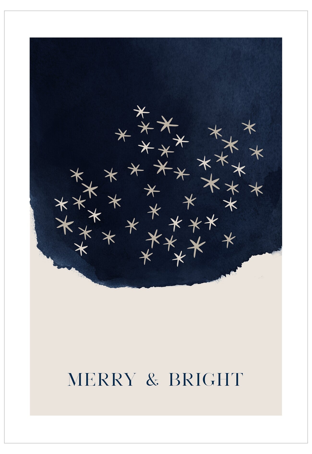 Navy blue and beige card with star pattern and 'Merry & Bright' text