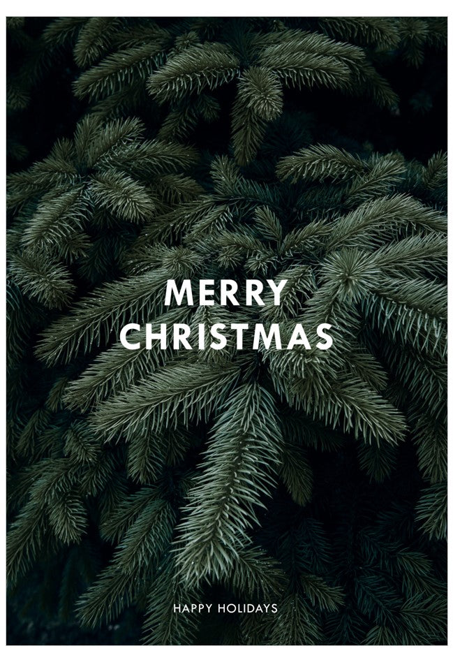Dark green pine branches with 'Merry Christmas' text on a black background