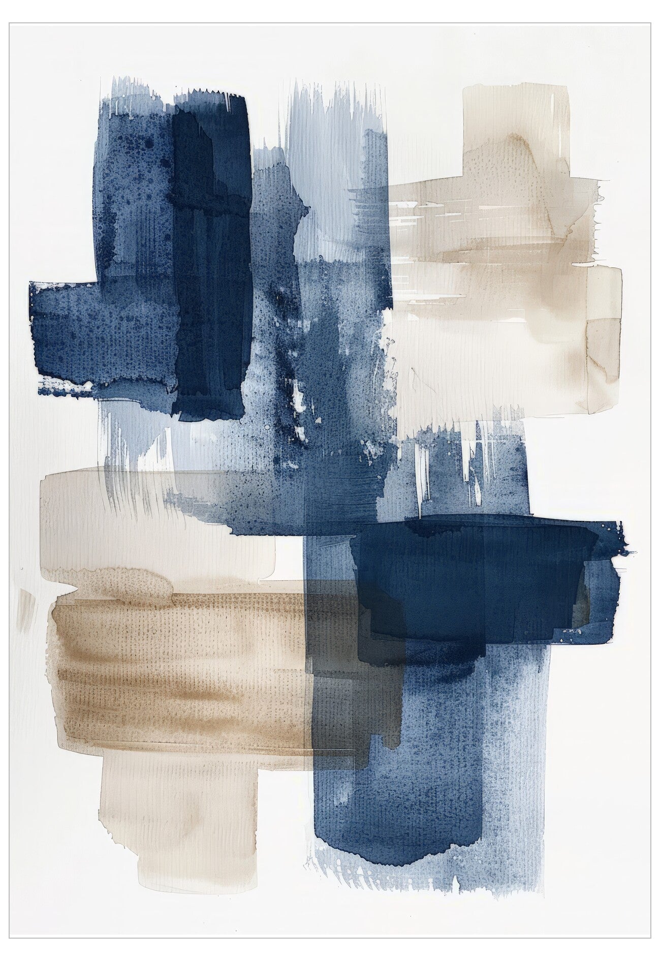 Abstract art piece with blue, beige, and white brush strokes on a white background