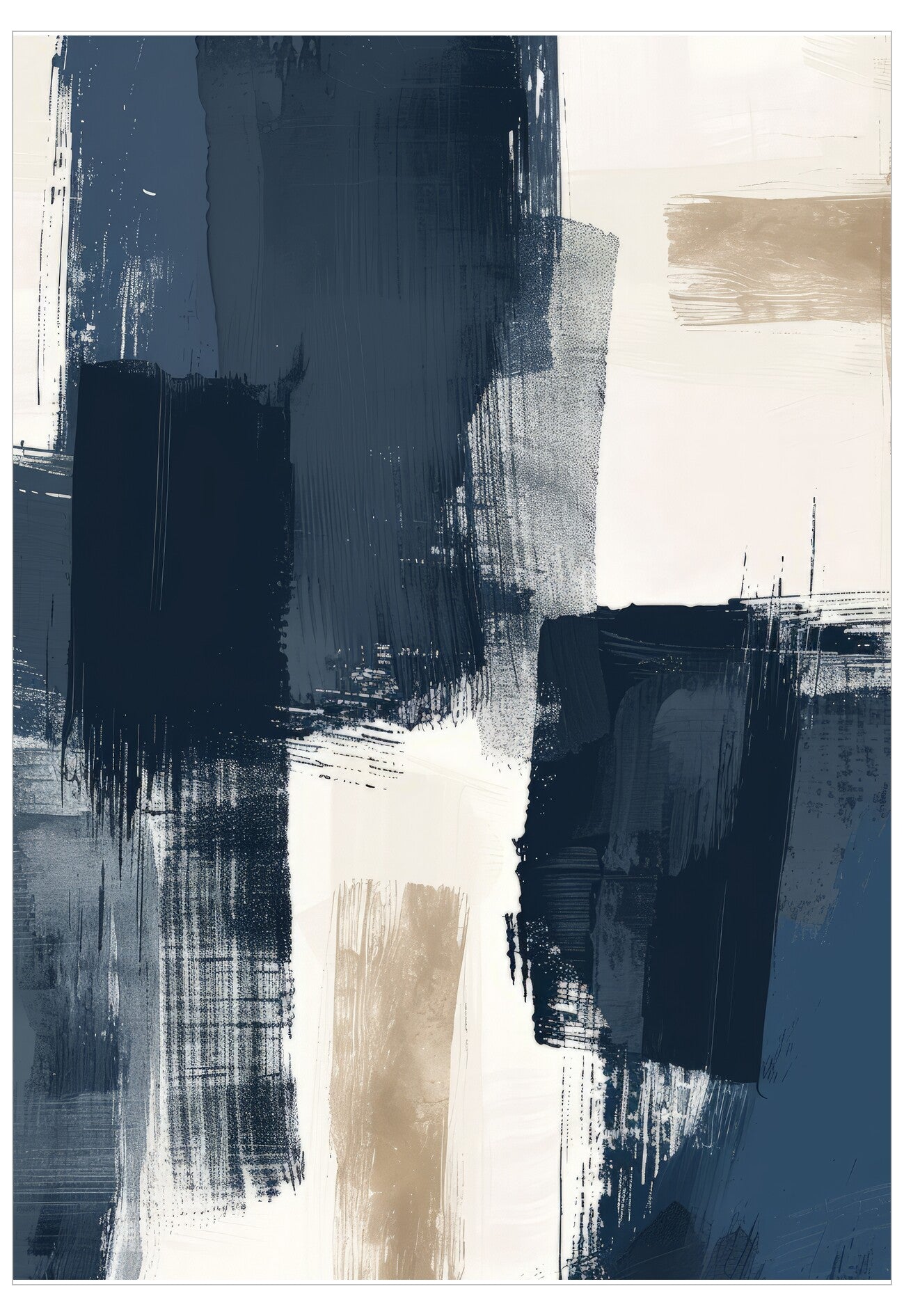 Abstract art print with black, blue, and beige brush strokes on a white background
