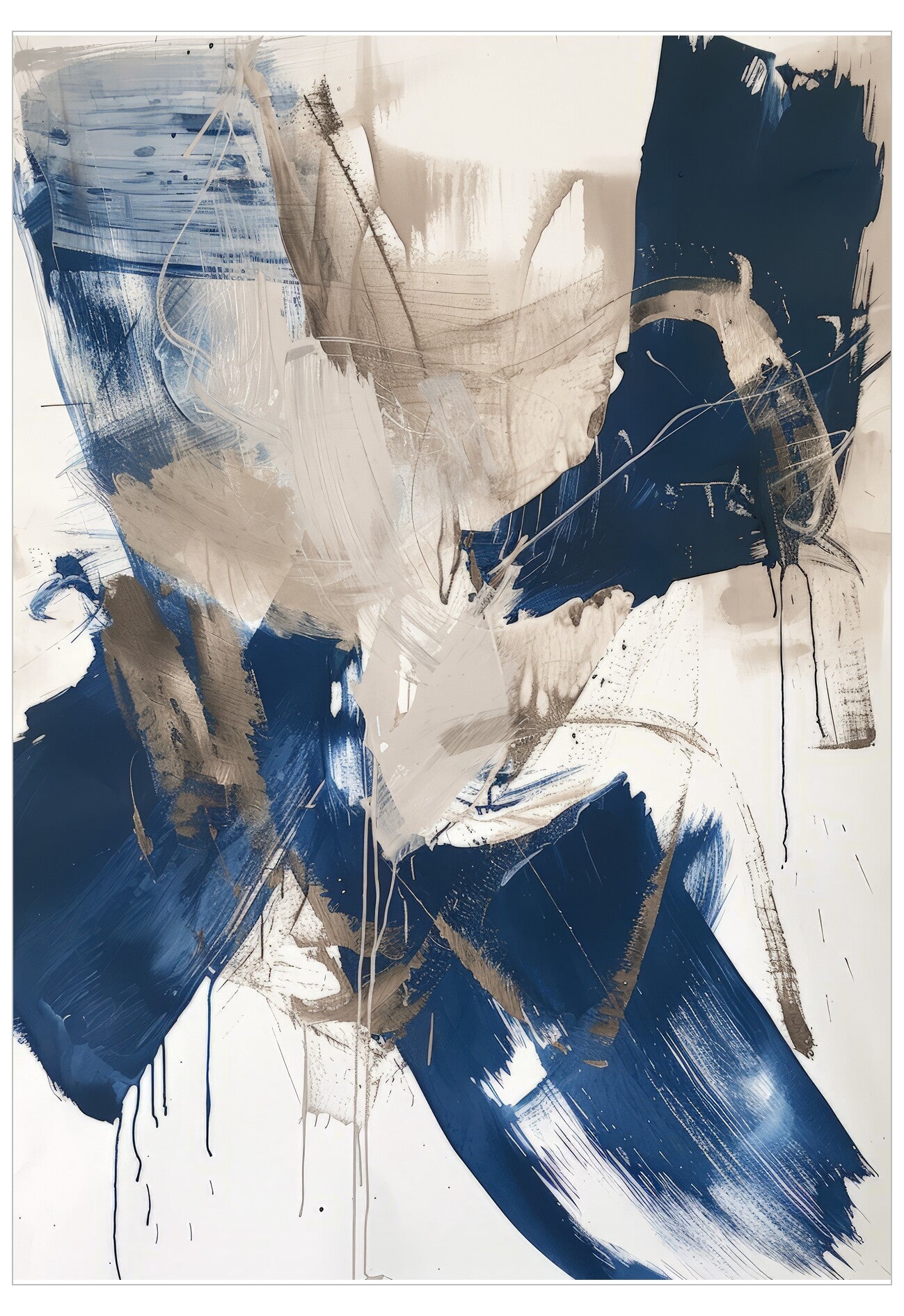 Abstract art piece with blue and beige brush strokes on a white background