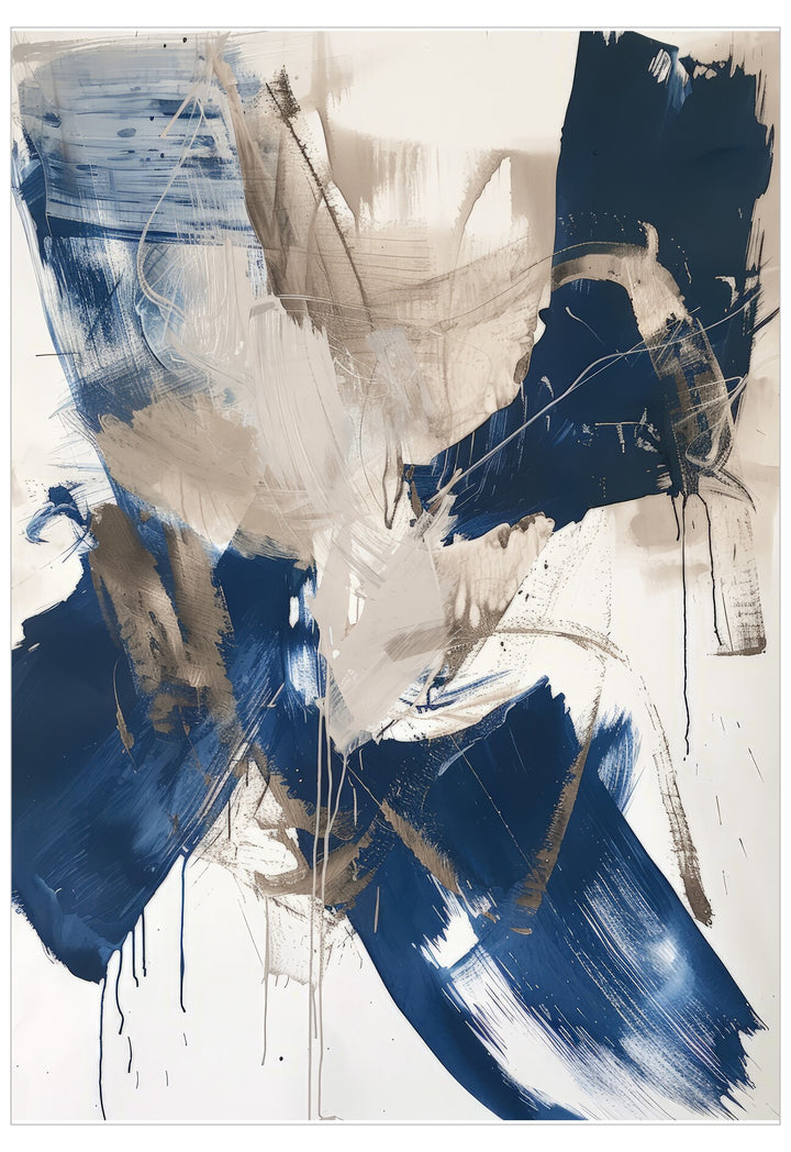 Abstract art piece with blue and beige brush strokes on a white background