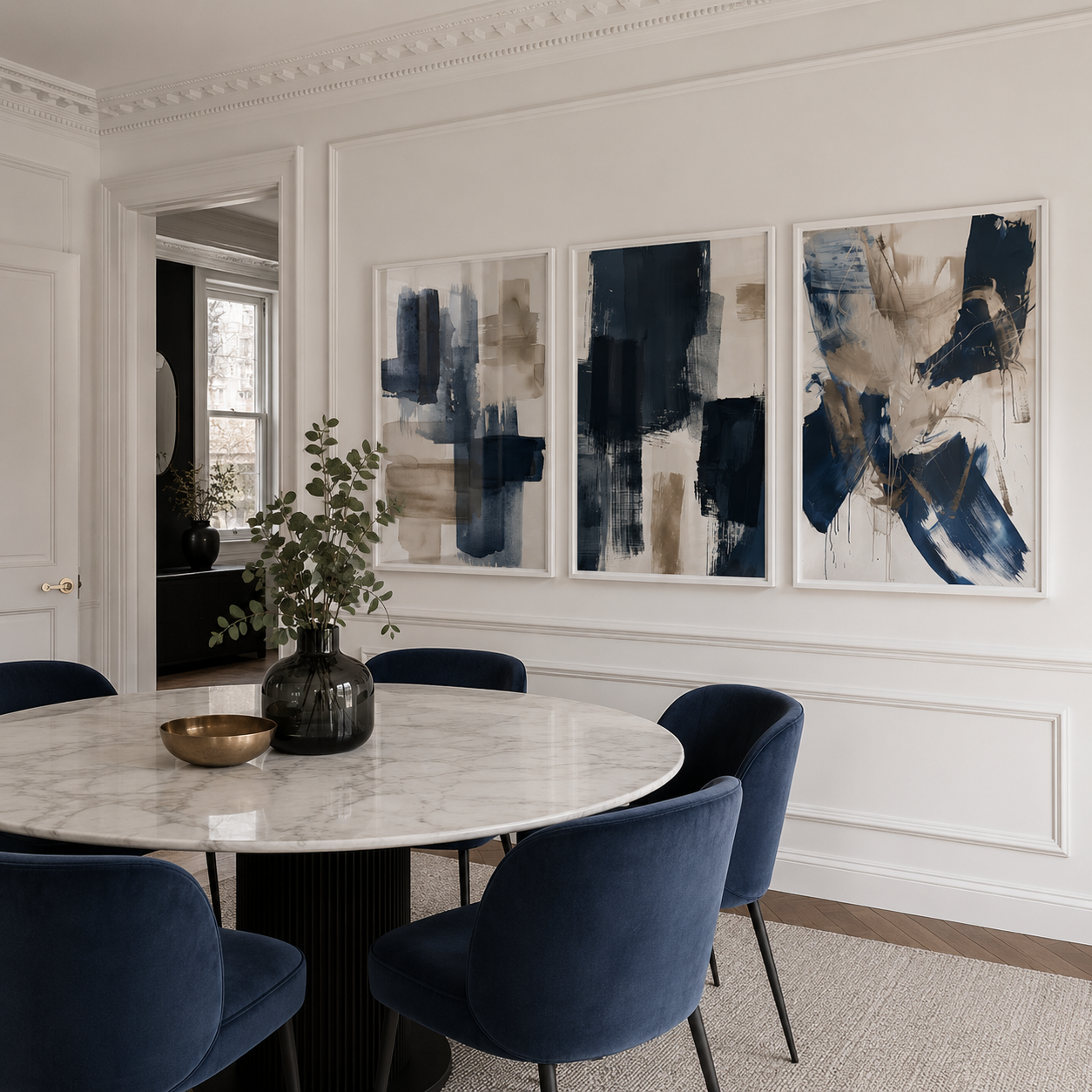Dining room with abstract art on the wall and marble table.