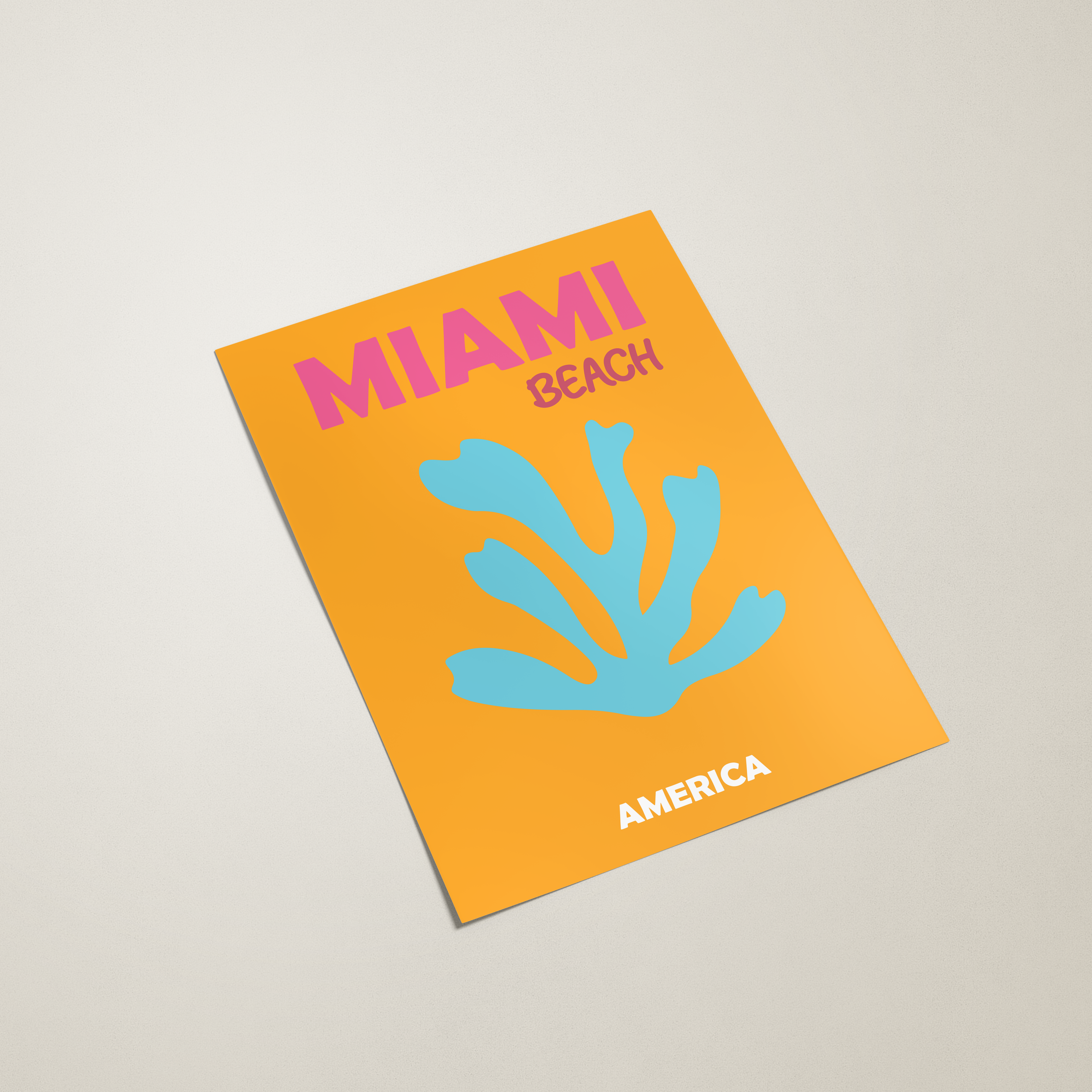 Poster with 'Miami Beach America' design on an orange cover.