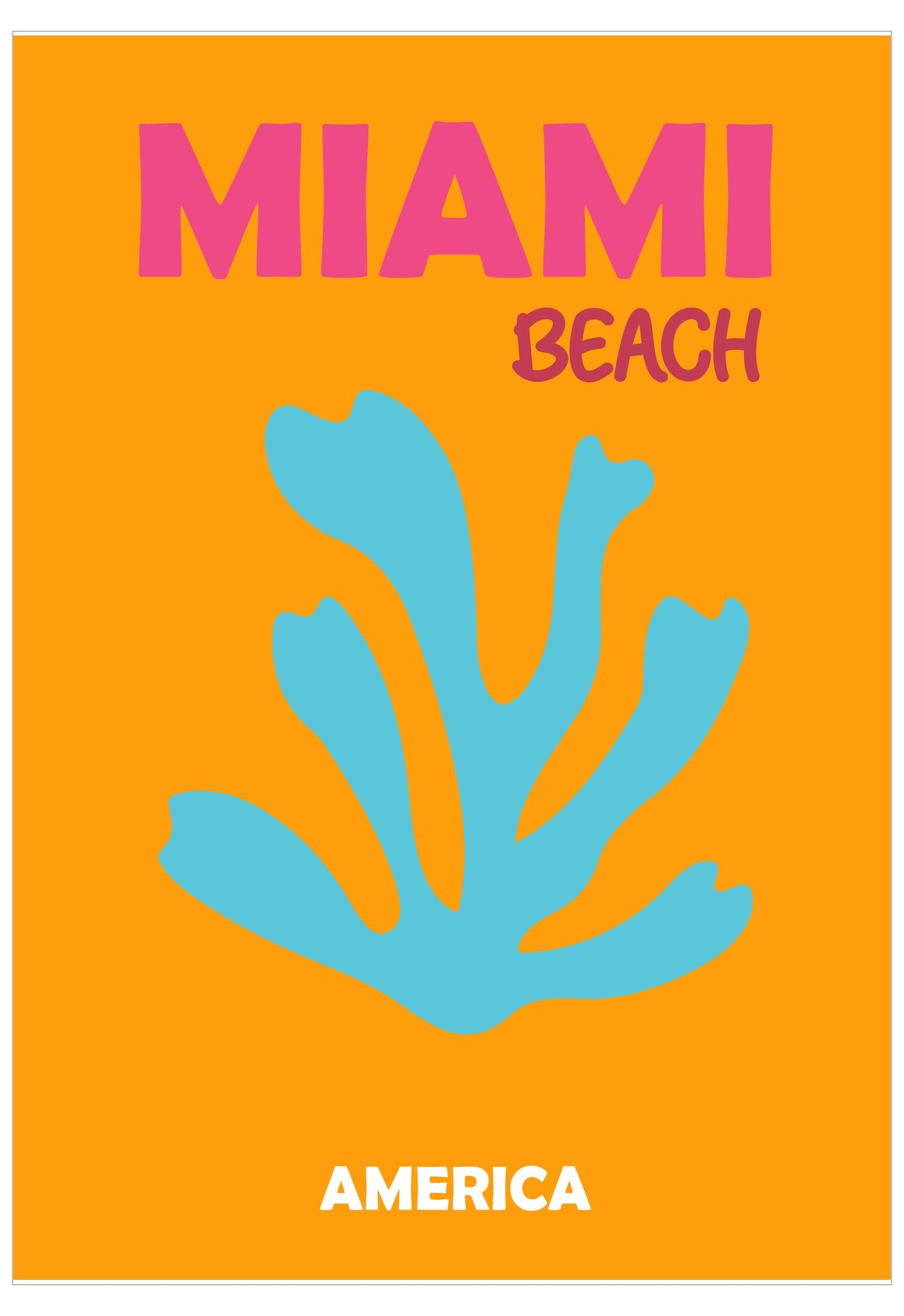 Poster with 'MIAMI BEACH AMERICA' text and blue coral design on an orange background