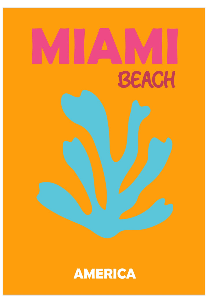 Poster with 'MIAMI BEACH AMERICA' text and blue coral design on an orange background