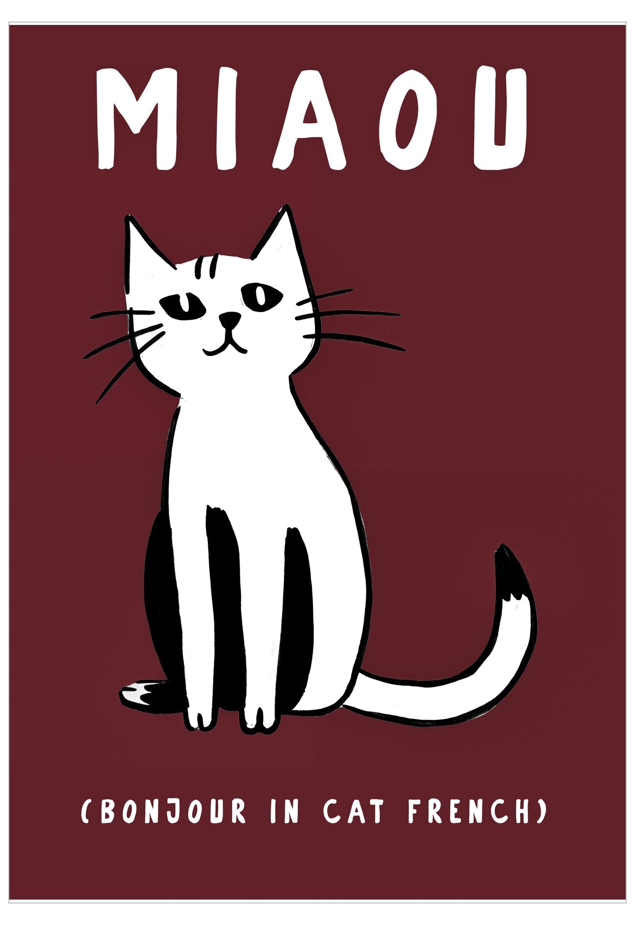 Cartoon cat on a red background with 'MIAOU' text