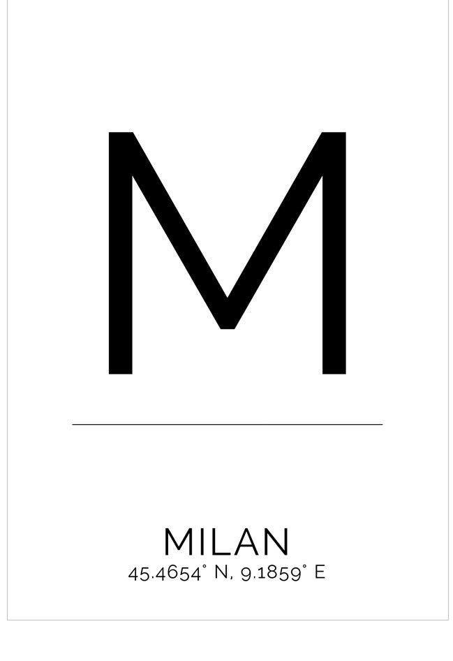 Black letter 'M' on a white background with 'Milan' and coordinates below.
