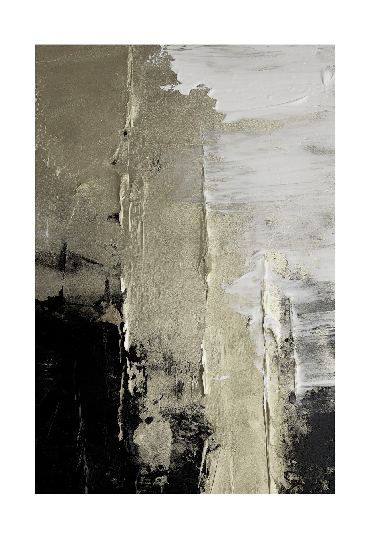Abstract art piece with black, white, and gray brush strokes on a white background