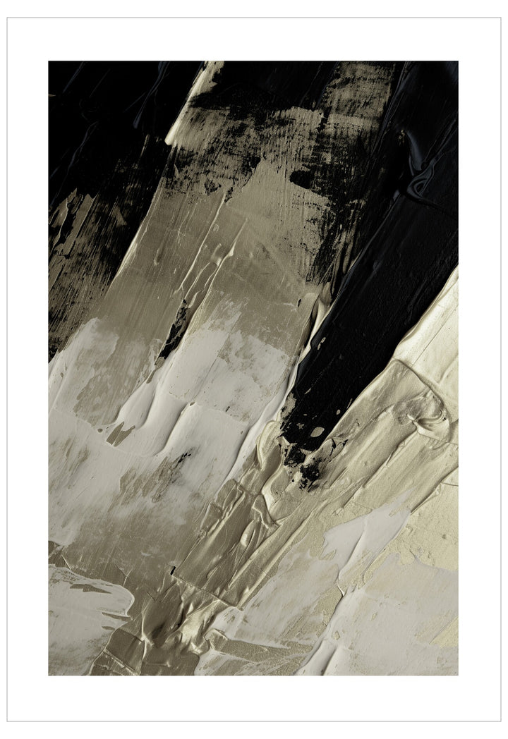 Abstract black and white artwork with brush strokes on a textured surface