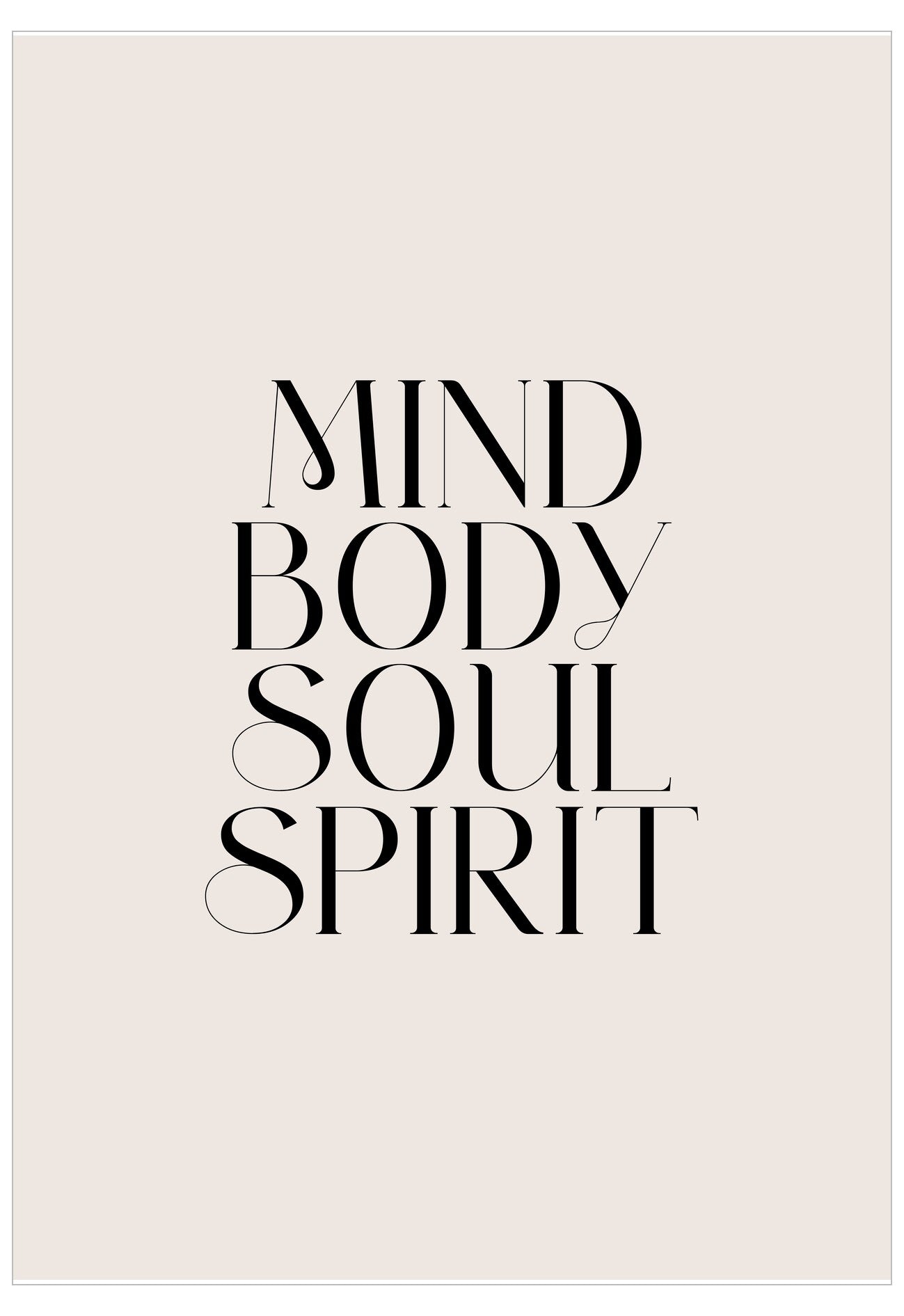 Text 'MIND BODY SOUL SPIRIT' on a beige background