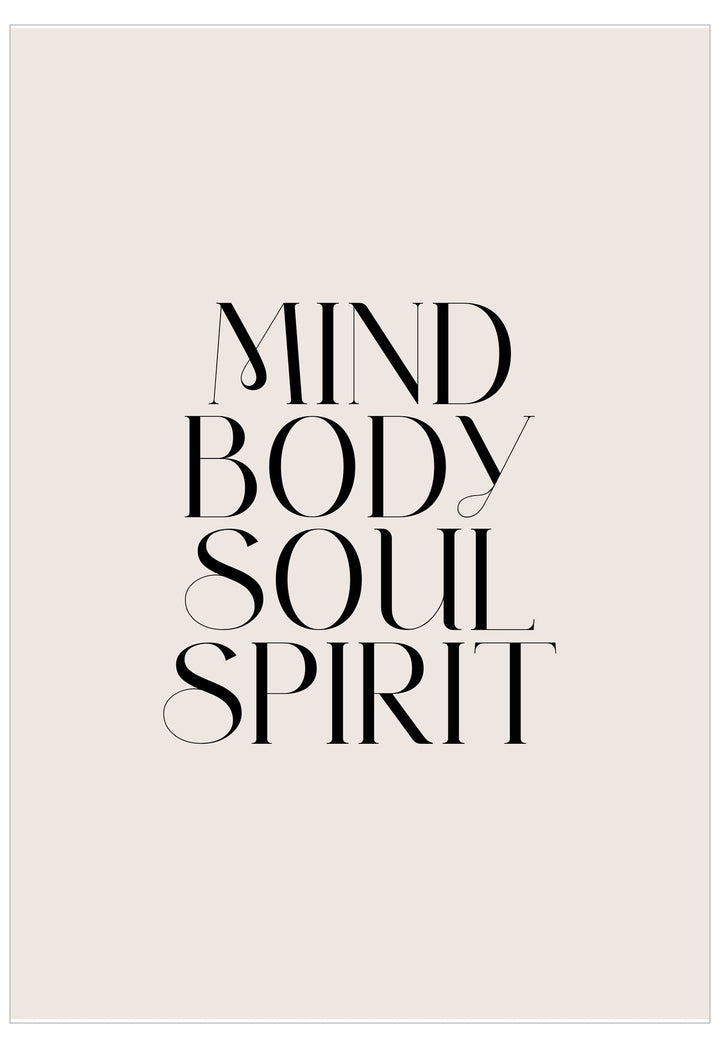 Text 'MIND BODY SOUL SPIRIT' on a beige background