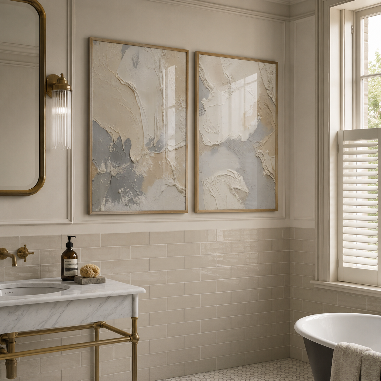 Bathroom interior with abstract art, sink, and bathtub.