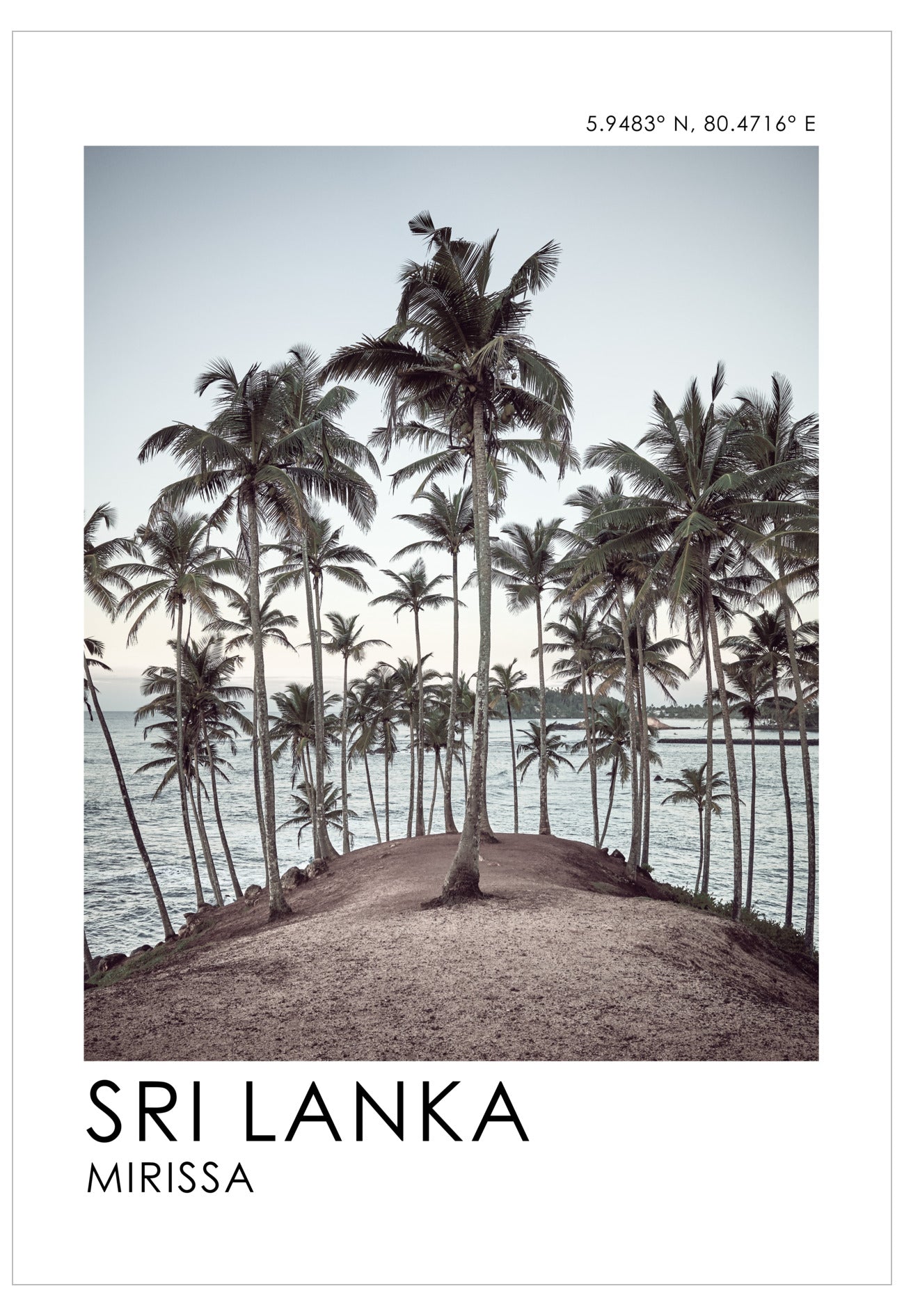 Palm trees by the ocean with 'Sri Lanka Mirissa' text on a white background
