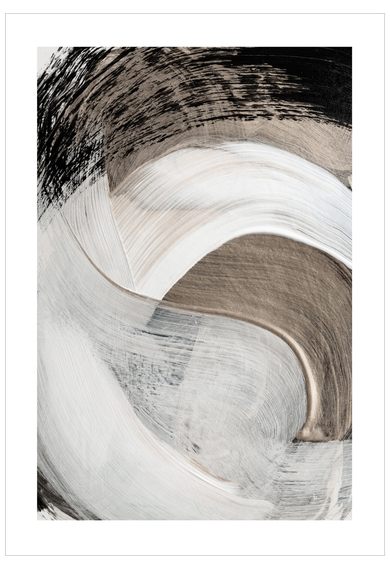Abstract art piece with wavy brush strokes in black, white, and brown on a white background