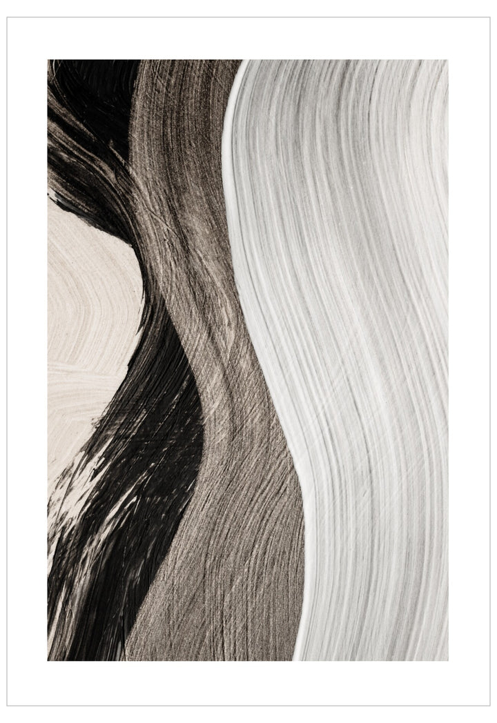Abstract art print with wavy lines in black, white, and beige on a white background
