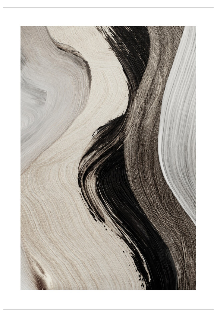 Abstract art print with wavy lines in black, white, and gray on a white background